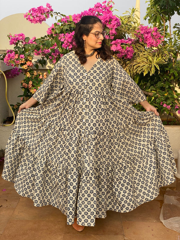 Ivory Blue Floral Motif Hand-Block Front Buttoned Tiered Dress