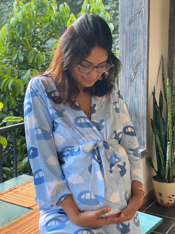 Aero Aero Airplanes Maternity Robe | Softest Jersey Knit Organic Cotton | Nursing Gown | Delivery Robe