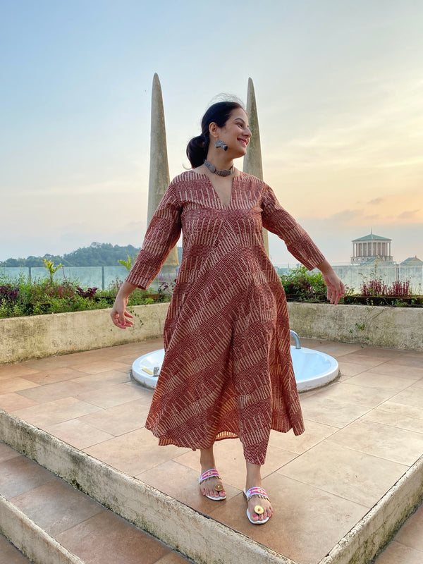 Red Geometric Motif Hand-Blocked Free Flow Dress | Available in both Knee and Ankle Length