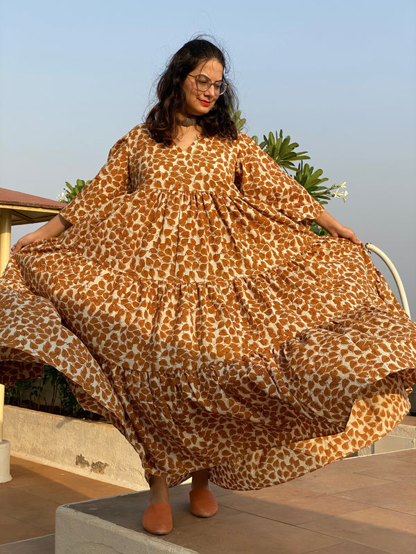 Ivory Mustard Leafy Motif Hand-Block Tiered Dress