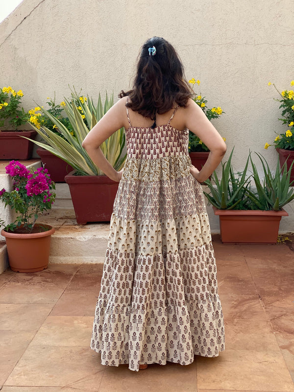 Ivory Mixed Patterns Hand Block Printed 5 Tiered Spaghetti Dress