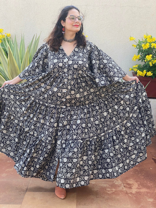 Black Floral Motif Hand-Block Tiered Dress