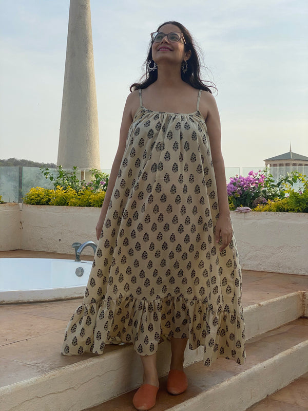 Ivory Black Floral Motif Hand Block Printed Organic Cotton Spaghetti Night gown