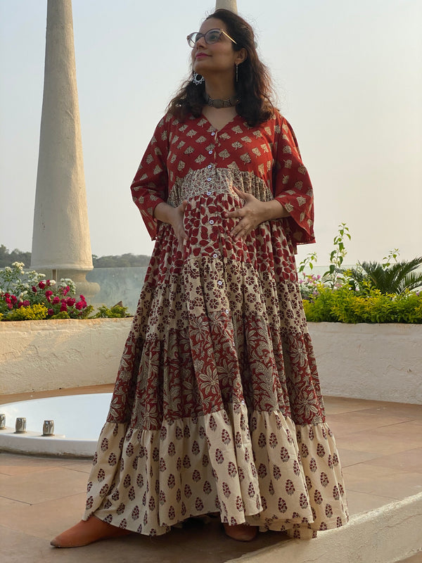 Mixed Patterns Red & Ivory Hand-Block Front Buttoned 5-Tier Maternity Dress