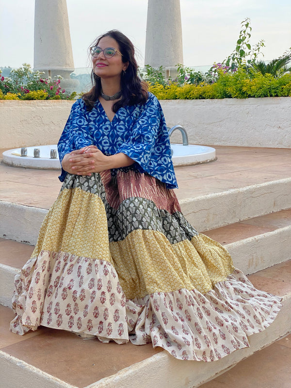 Mixed Colors Hand Block Printed 5 Tiered Dress
