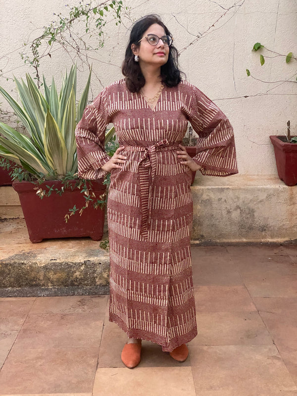 Red Geometric Motif Hand-Block Printed Kimono Robe | Available in both Knee and Ankle Length