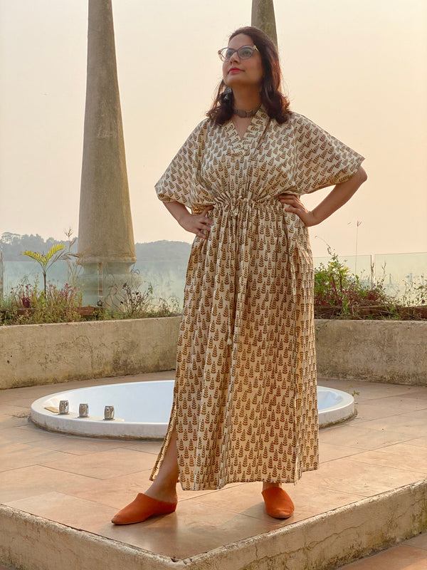 Ivory Mustard Tiny Tree Motif Hand Block Printed Caftan with V-Neck, Cinched Waist and Available in both Knee and Ankle Length