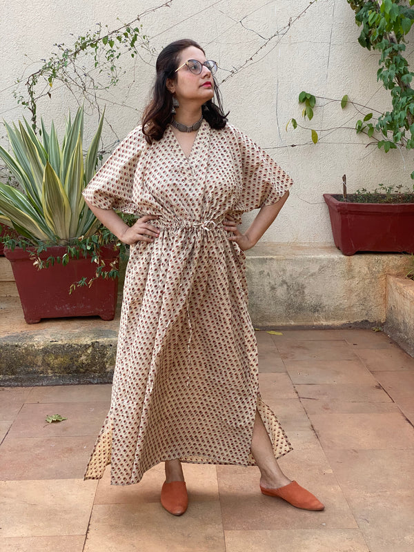 Ivory Red Teeny Tiny Flowers Motif Hand Block Printed Caftan with V-Neck, Cinched Waist and Available in both Knee and Ankle Length