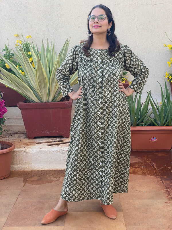 Green Diamond Motif Hand Block Organic Cotton Night gown