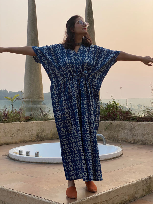 Indigo Blue Geometrical Motif Hand-Blocked Caftan with V-Neck, Cinched Waist and Available in both Knee and Ankle Length