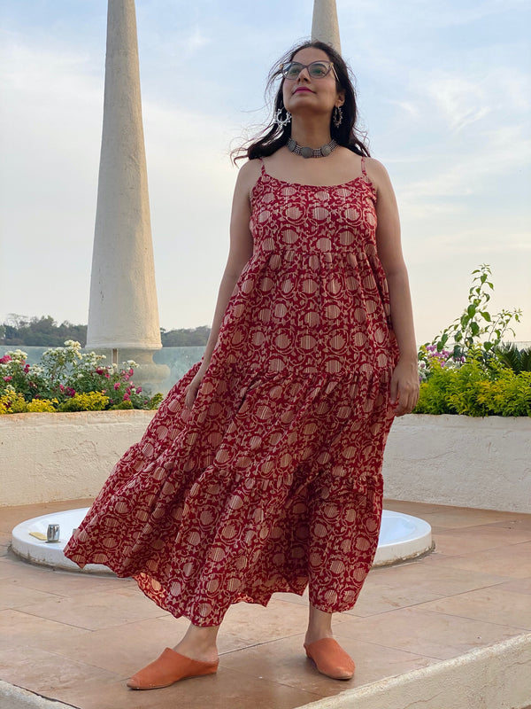 Spaghetti Red Lotus Motif Hand-Block Printed Tiered Dress