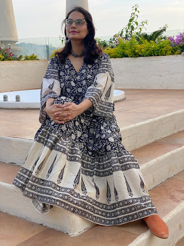 Black Floral Bordered Hand-Block Tiered Dress