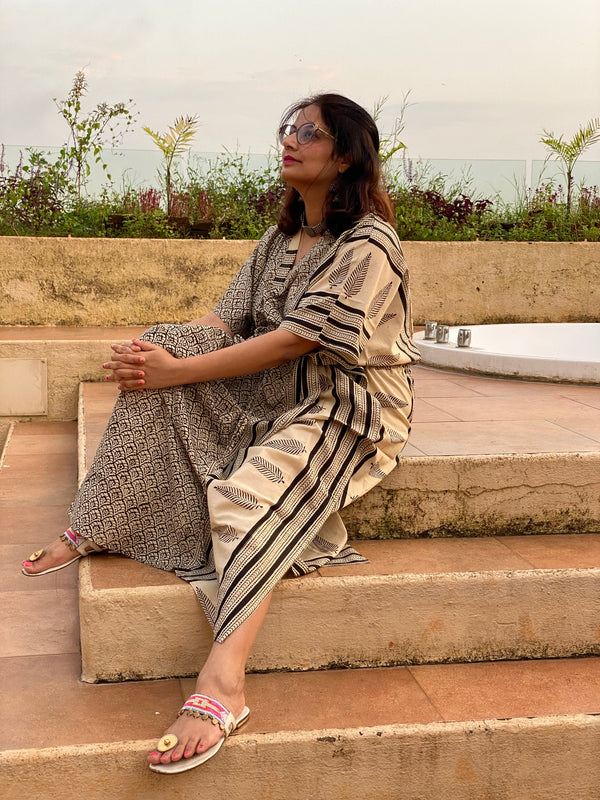 Ivory Black Leafy Bordered Hand Block Printed Caftan with V-Neck, Cinched Waist and Available in both Knee and Ankle Length