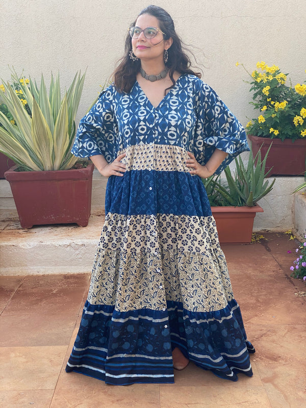 Indigo Blue and Ivory Mix 5 Tiered Dress in Hand-Block Print