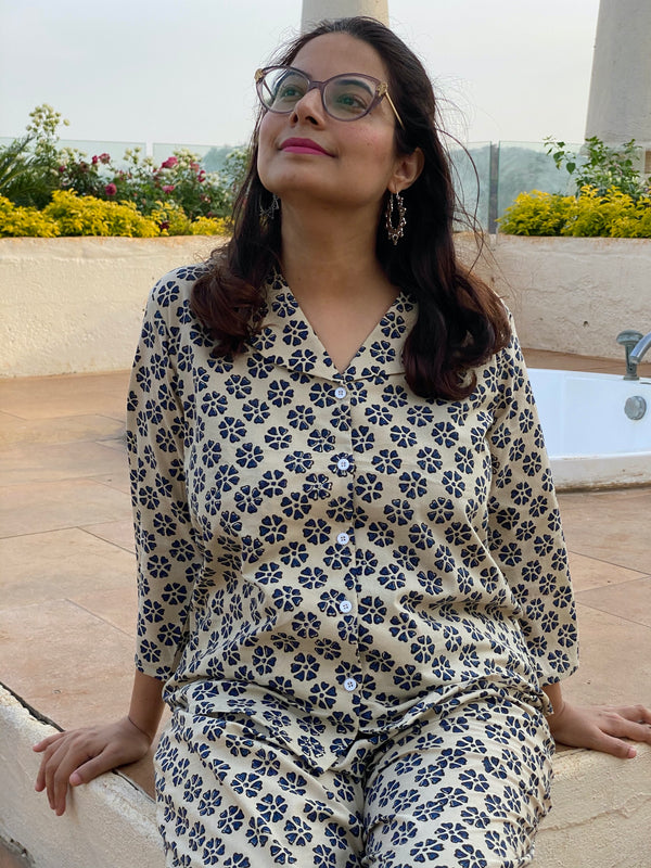 Ivory Blue Floral Motif Hand Block Printed Pjs | Organic Cotton Notched Collared Front Buttoned Pajama Set | Available in both shorts and pants style