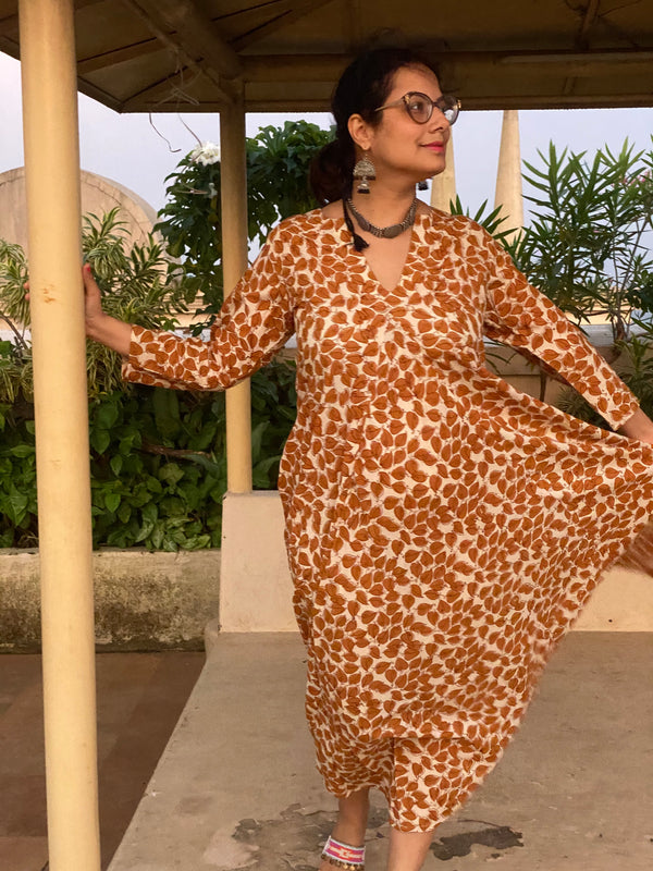 Cream Mustard Leafy Motif Hand-Blocked Free Flow Dress | Available in both Knee and Ankle Length