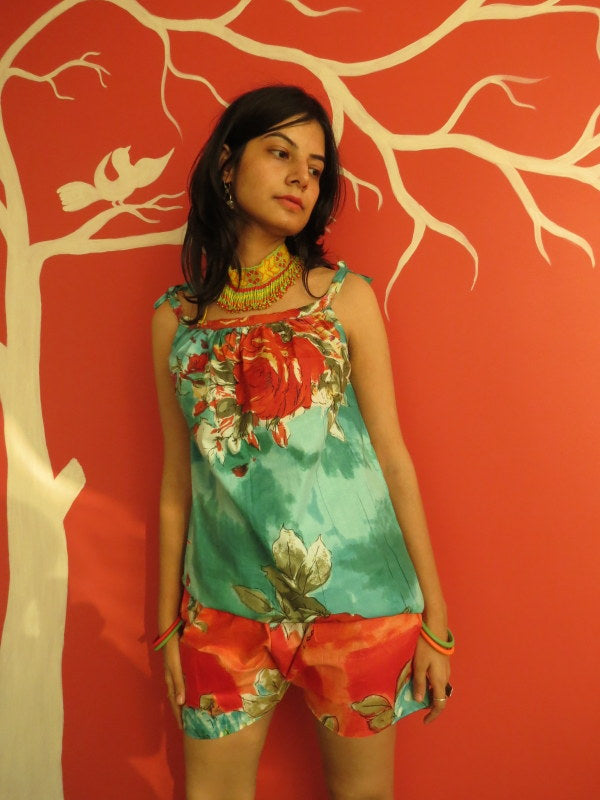 Red Teal Floral Shorts