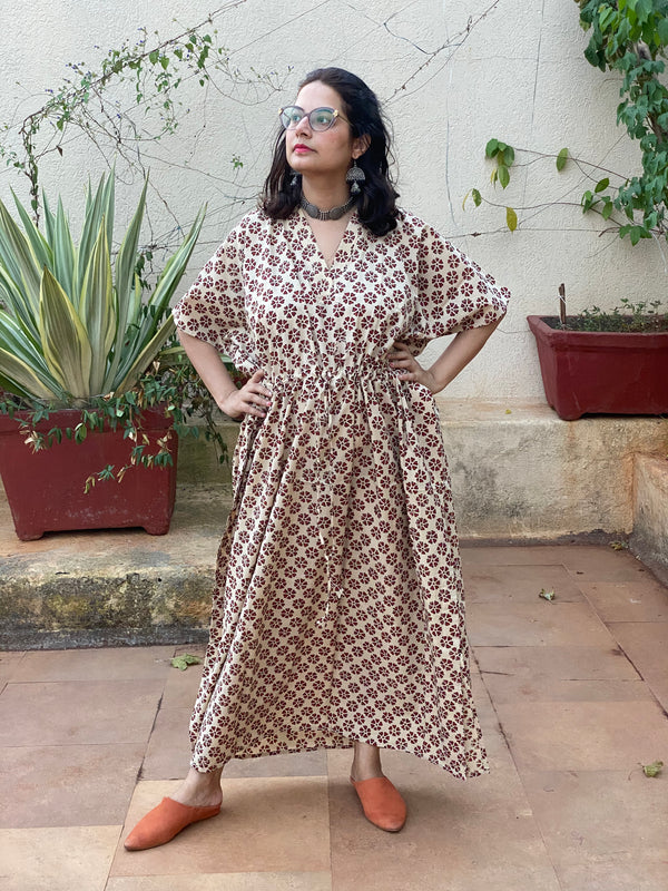 Ivory Red Floral Motif Hand Block Printed Caftan with V-Neck, Cinched Waist and Available in both Knee and Ankle Length