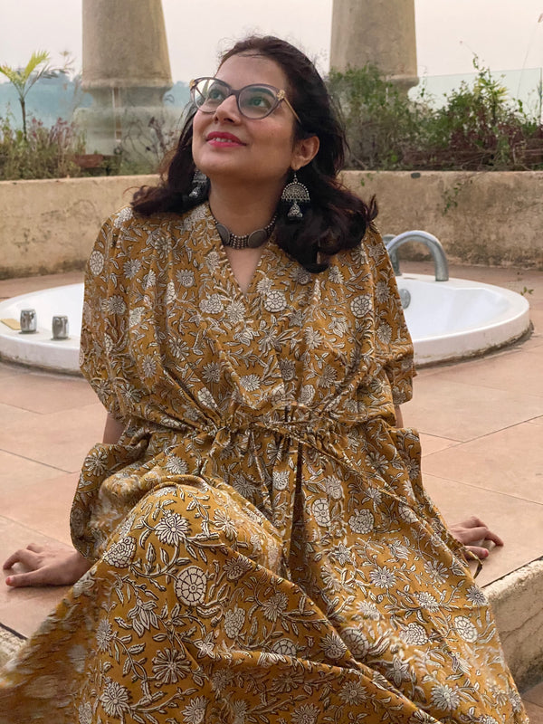 Mustard Floral Motif Hand-Blocked Kaftan with V-Neck, Cinched Waist and Available in both Knee and Ankle Length