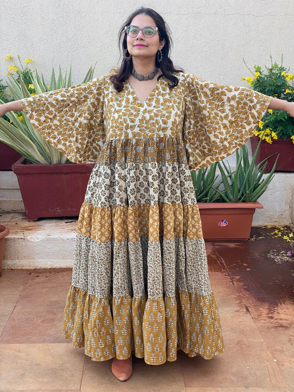 Mustard Gold and Ivory Mix 5 Tiered Dress in Hand-Block Print