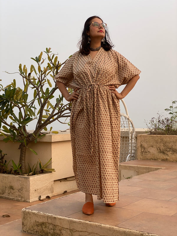 Ivory Red Teeny Tiny Flowers Motif Hand Block Printed Caftan with V-Neck, Cinched Waist and Available in both Knee and Ankle Length
