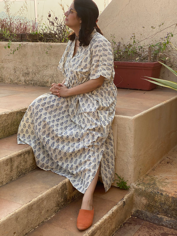 Ivory Blue leafy Motif Hand-Blocked Caftan with V-Neck, Cinched Waist and Available in both Knee and Ankle Length