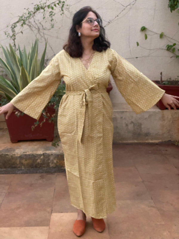 Mustard Triangle Geometrical Motif Hand-Block Printed Kimono Robe | Available in both Knee and Ankle Length