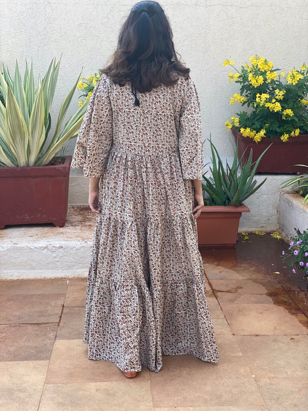 Ivory Red Tiny Leafy Motif Hand-Block Tiered Dress