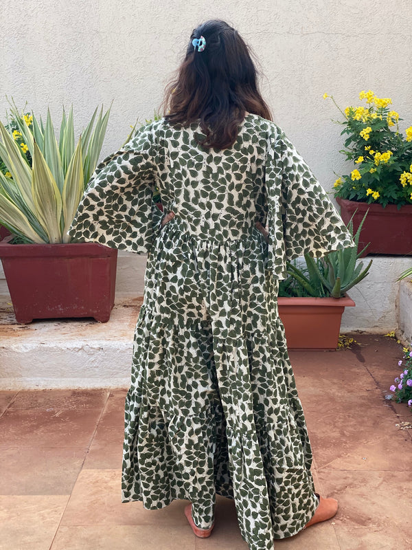 Ivory Green Leafy Motif Hand-Block Printed Front Buttoned Tiered Dress