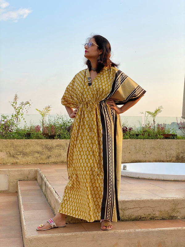 Mustard Black Bordered Hand Block Printed Caftan with V-Neck, Cinched Waist and Available in both Knee and Ankle Length
