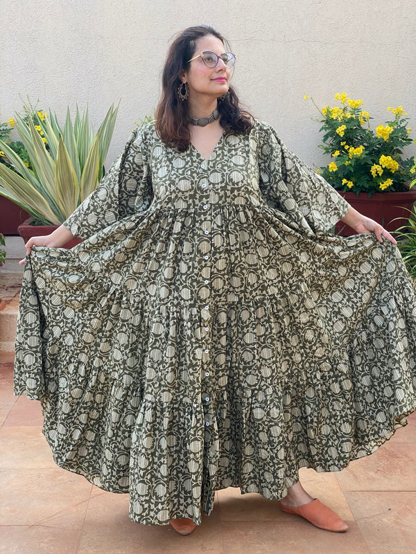 Green Lotus Motif Hand-Block Printed Tiered Dress