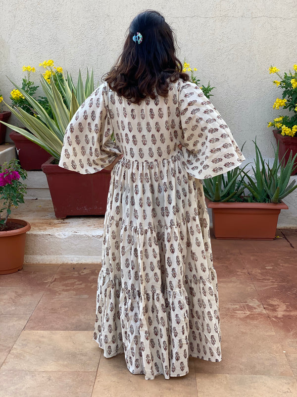 Ivory Red Paisley Motif Hand-Block Tiered Dress