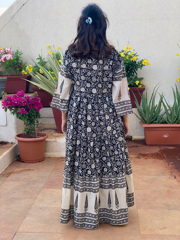 Black Floral Bordered Hand-Block Tiered Dress
