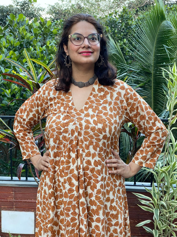 Cream Mustard Leafy Motif Hand-Blocked Free Flow Dress | Available in both Knee and Ankle Length