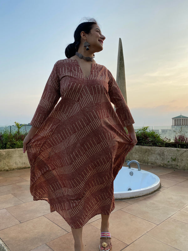 Red Geometric Motif Hand-Blocked Free Flow Dress | Available in both Knee and Ankle Length