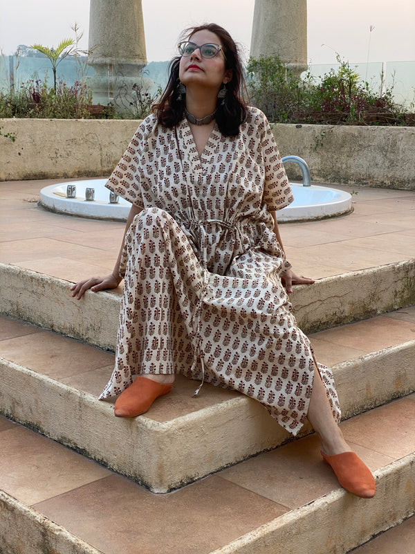 Cream Red Floral Motif Hand-Blocked Kaftan with V-Neck, Cinched Waist and Available in both Knee and Ankle Length