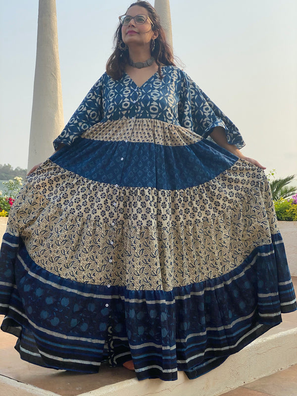 Indigo Blue and Ivory Mix 5 Tiered Dress in Hand-Block Print