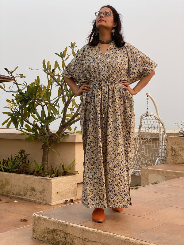 Ivory Blue Paisley Motif Hand Block Printed Caftan with V-Neck, Cinched Waist and Available in both Knee and Ankle Length