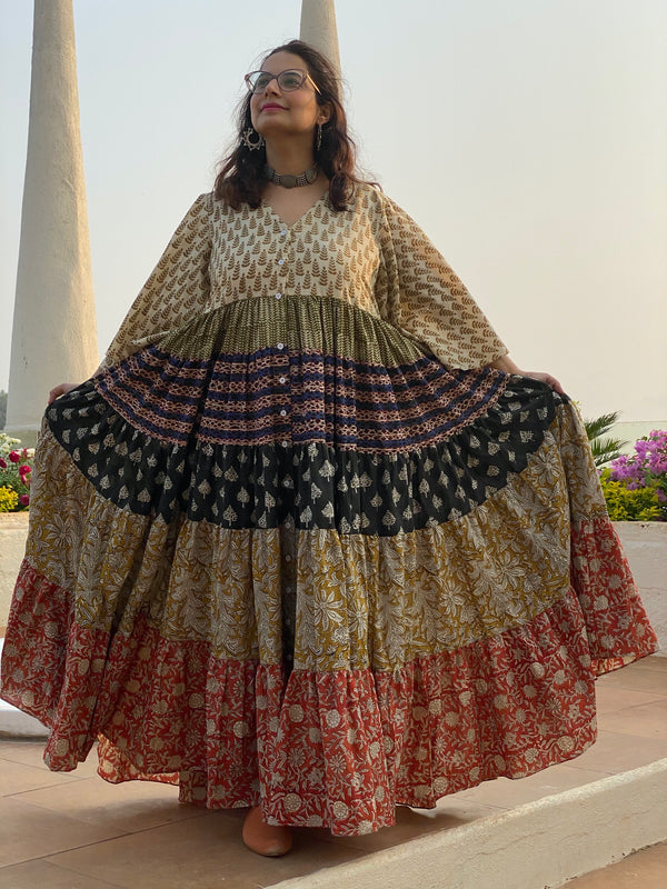 Mixed Colors Hand Block Printed Front Buttoned 5 Tiered Dress