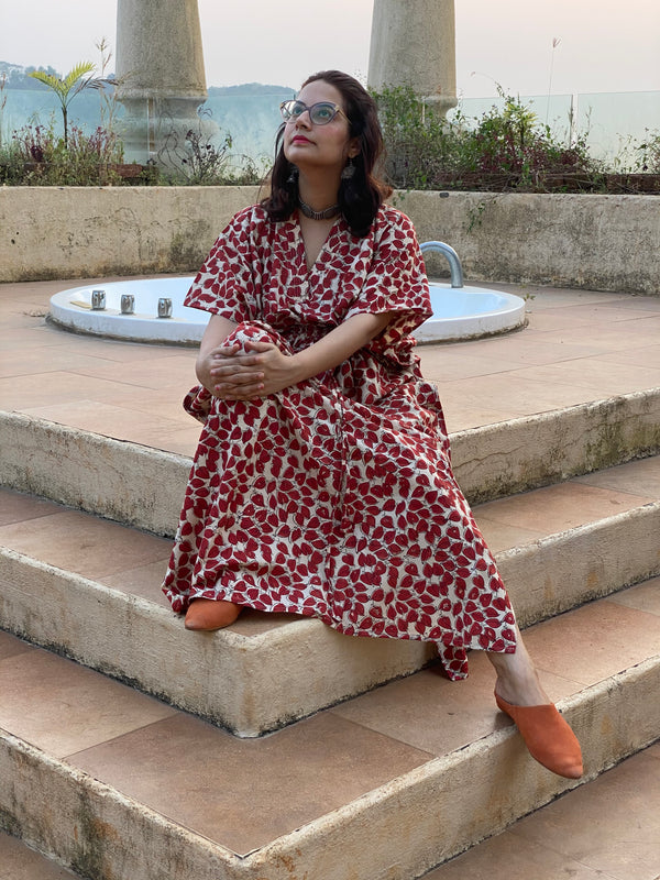 Ivory Red Leafy Motif Hand-Blocked Kaftan with V-Neck, Cinched Waist and Available in both Knee and Ankle Length
