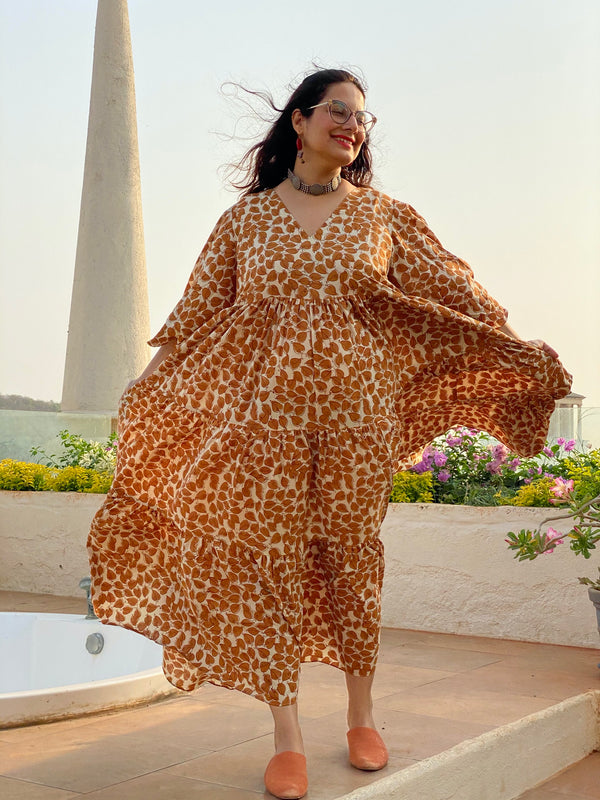 Ivory Mustard Leafy Motif Hand-Block Tiered Dress