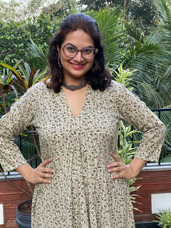 Ivory Green Teeny Tiny Leafy Motif Hand-Blocked Free Flow Dress | Available in both Knee and Ankle Length