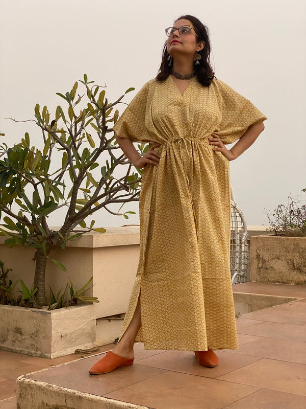 Yellow Triangle Motif Hand Block Printed Caftan with V-Neck, Cinched Waist and Available in both Knee and Ankle Length