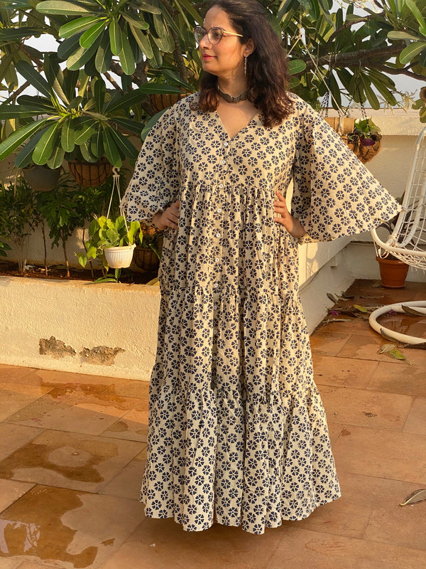 Ivory Blue Floral Motif Hand-Block Front Buttoned Tiered Dress