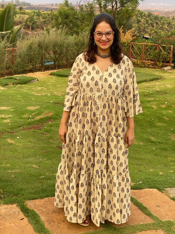 Ivory Black Paisley Motif Hand-Block Printed Front Buttoned Tiered Dress