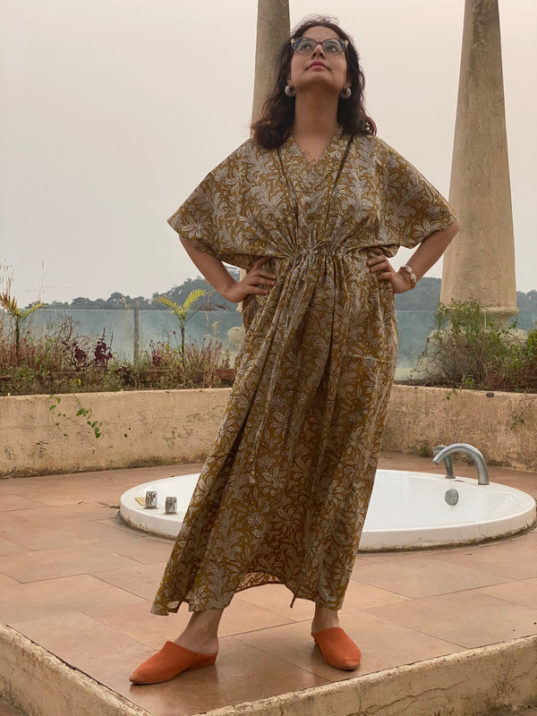 Mustard Floral Motif Hand-Blocked Caftan with V-Neck, Cinched Waist and Available in both Knee and Ankle Length