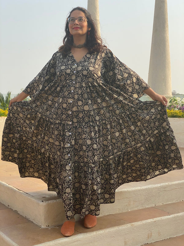 Black Floral Motif Hand-Block Tiered Dress