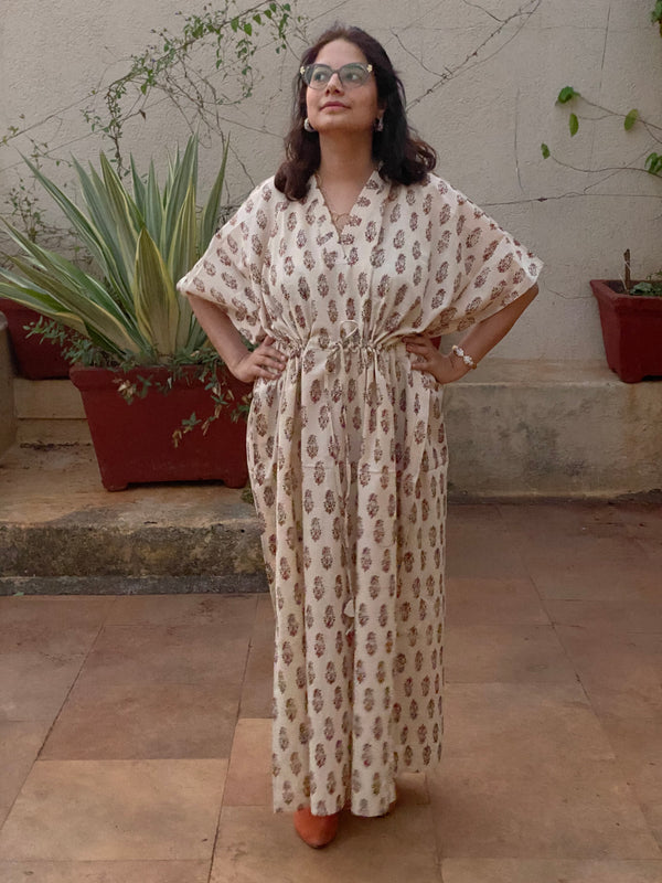 Cream Red Paisley Motif Hand-Blocked Kaftan with V-Neck, Cinched Waist and Available in both Knee and Ankle Length