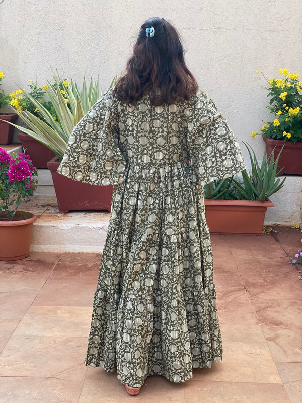 Green Lotus Motif Hand-Block Printed Tiered Dress