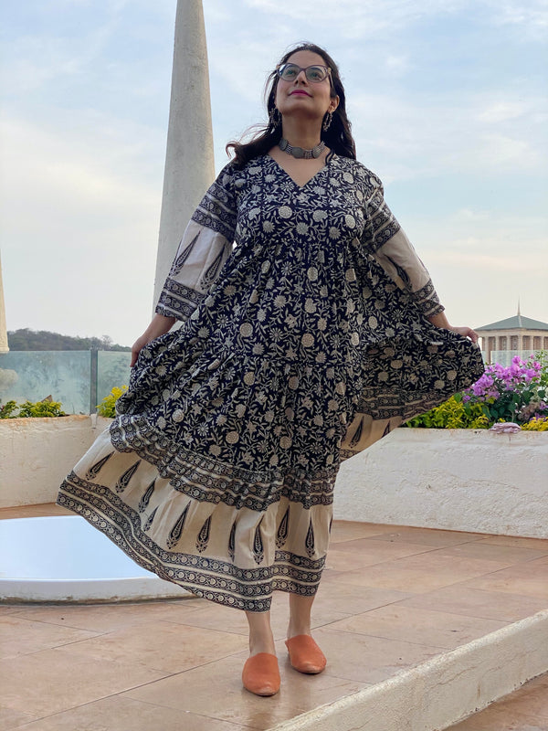 Black Floral Bordered Hand-Block Tiered Dress